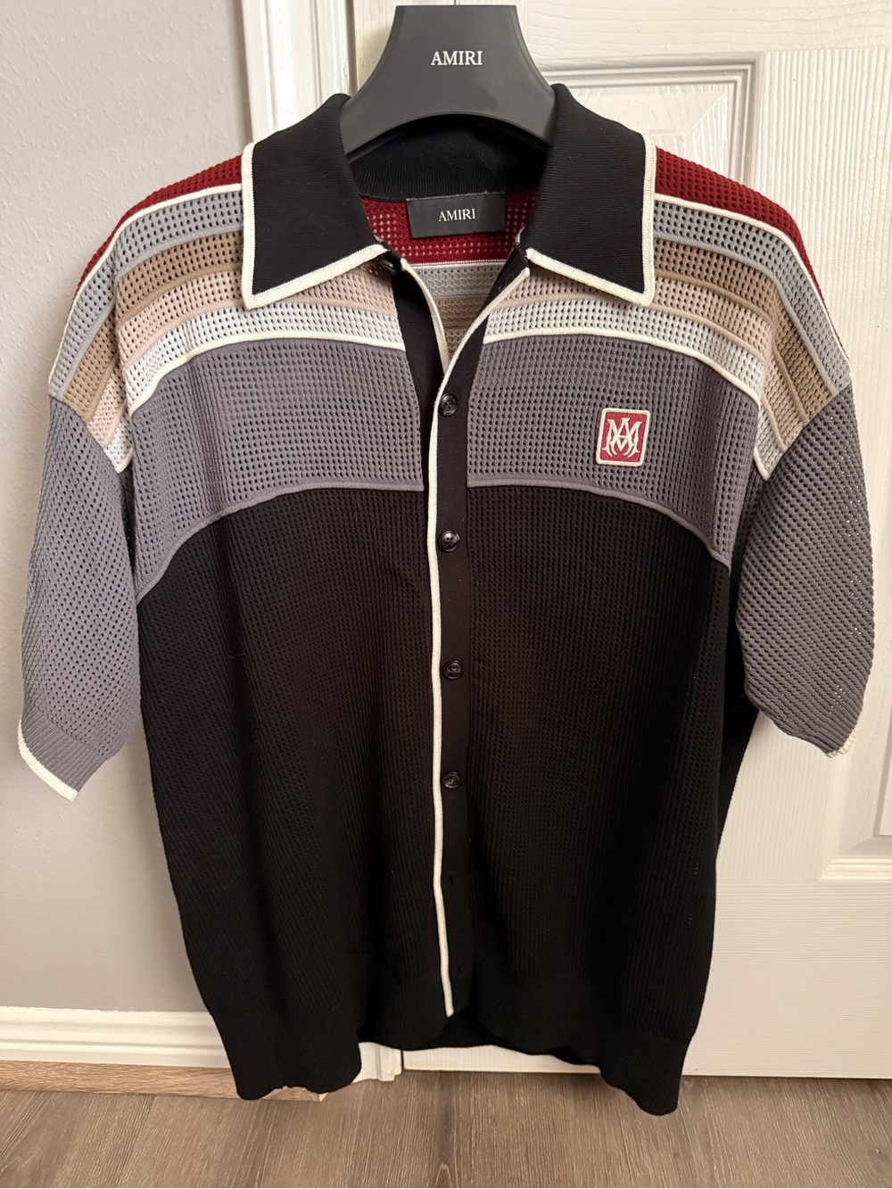AMIRI Black Knit Short-Sleeve Polo with Gray and Burgundy Stripes